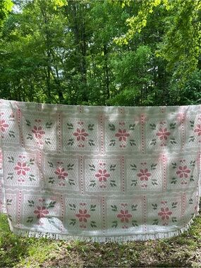 Vintage Chenille Bedspread Queen- Pink & Green Grandma MCM Cottage